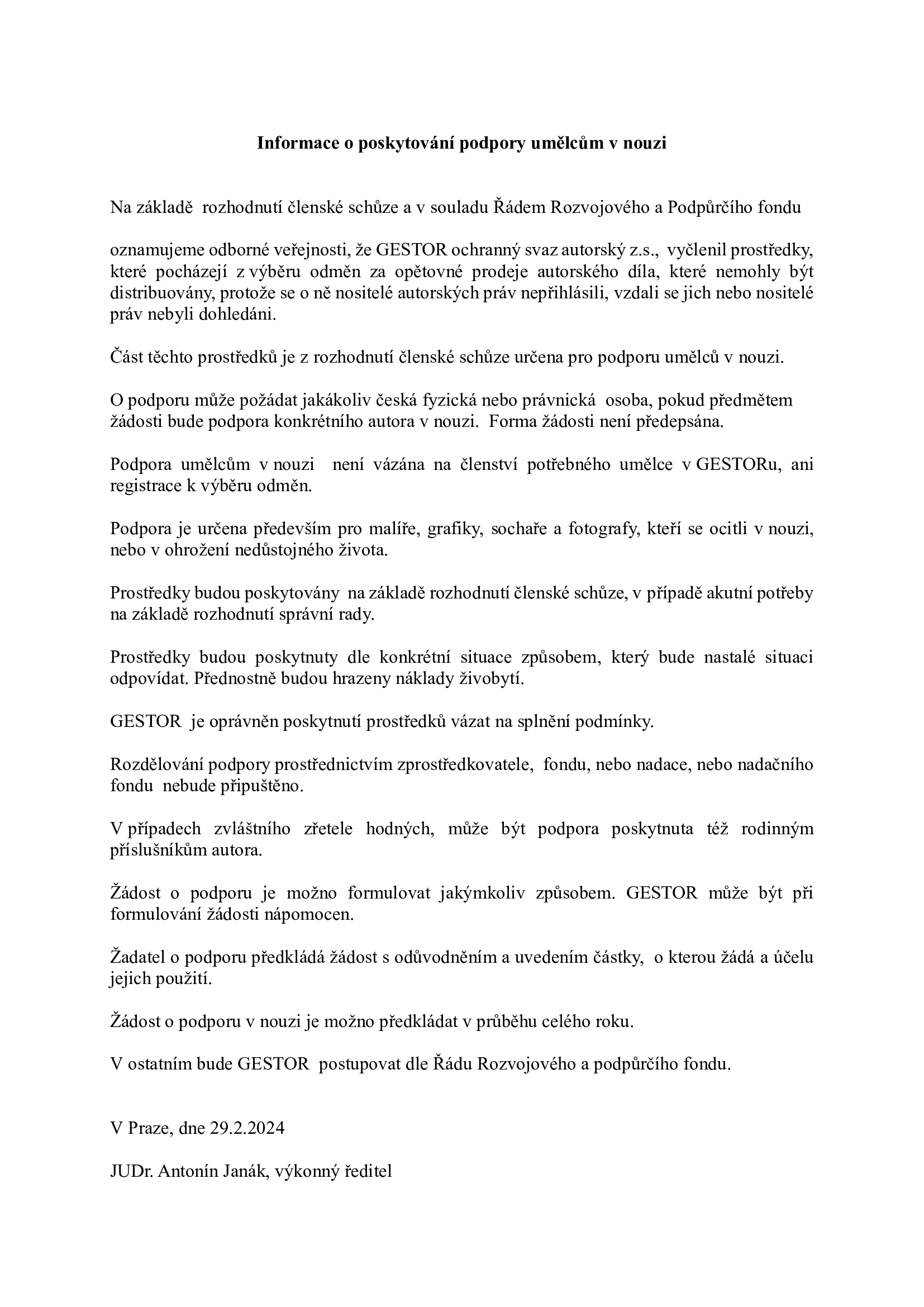 Info pro umělce v nouzi